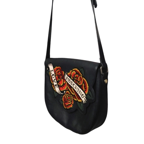 Love Moschino Black Leather Rose Tattoo Style Crossbody Saddle Bag Handbag Purse - Picture 5 of 7